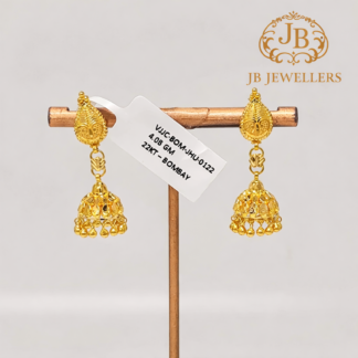 Gold Designer Jhumka Earrings – Paisley Drop with Beaded Dome