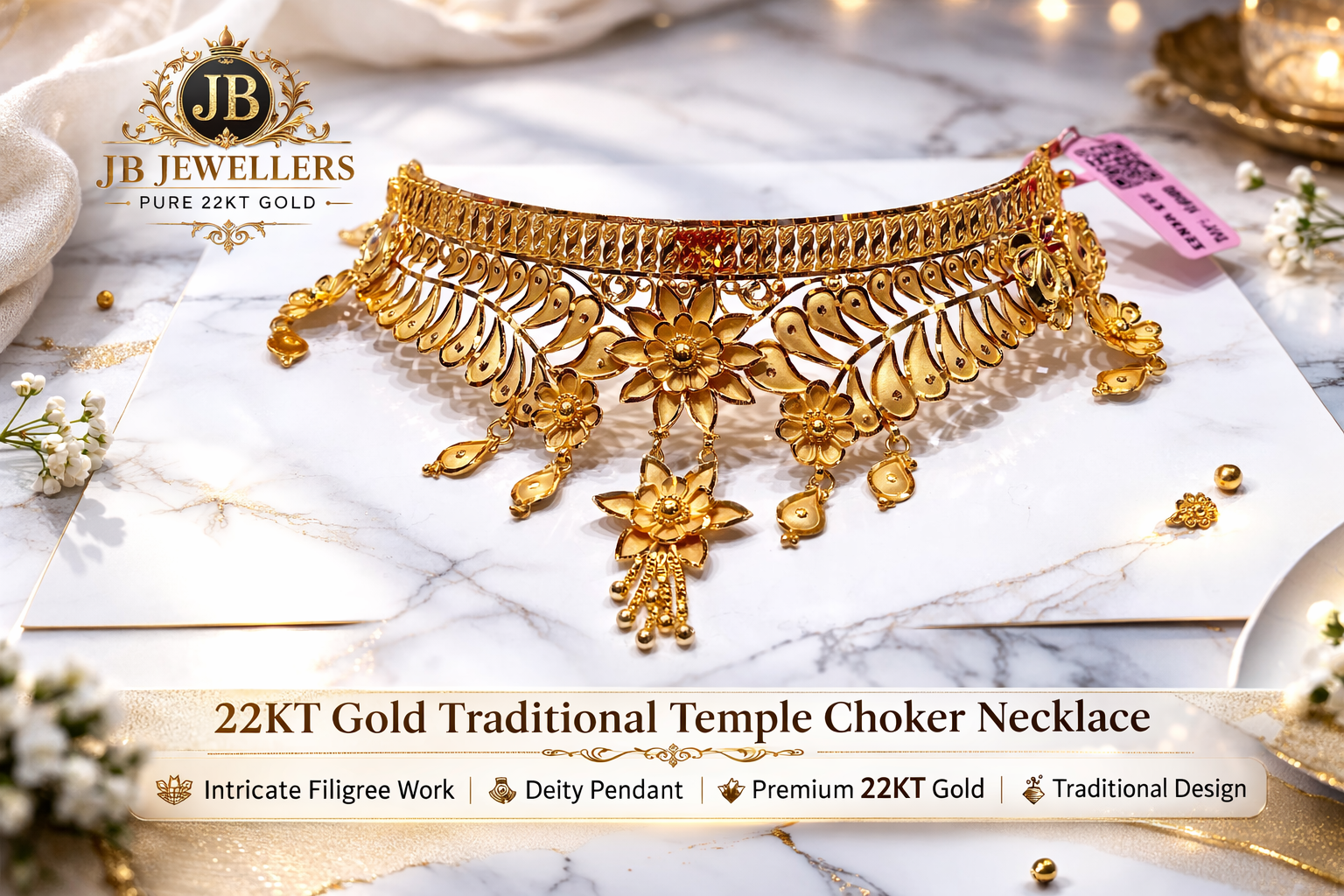 22KT Gold Floral Temple Choker Necklace