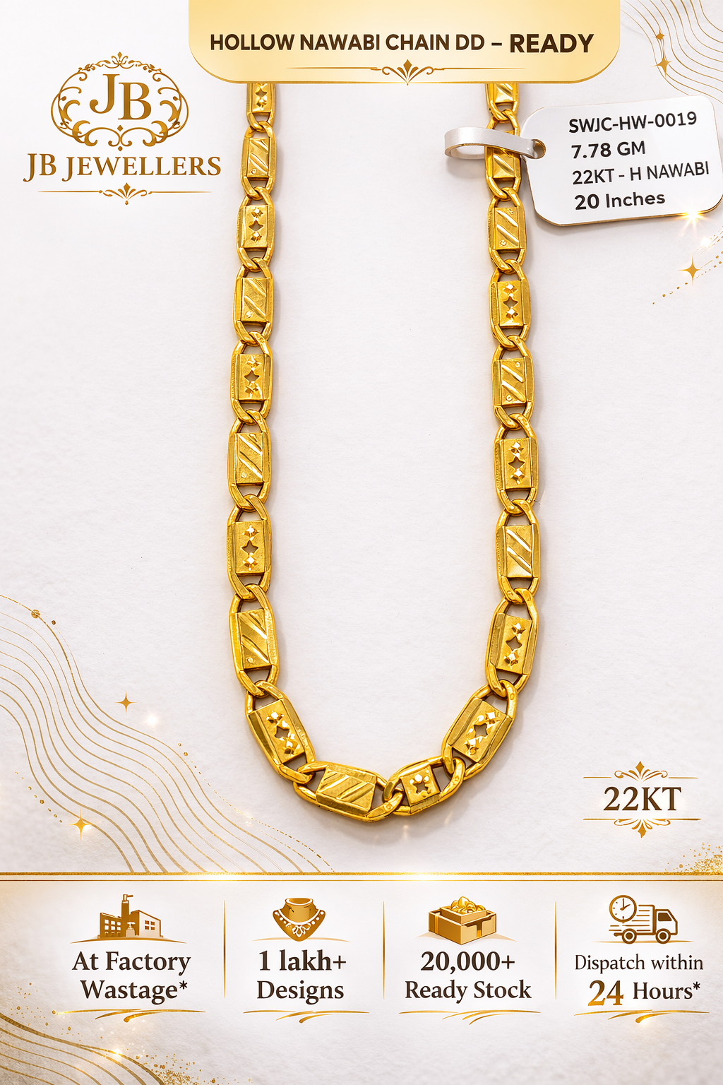 22KT Hollow Nawabi Gold Chain – 20 Inches | Lightweight Designer Link Chain