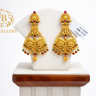 Traditional 18K Gold Temple Design Drop Earrings with Ruby & Green Stone Accents