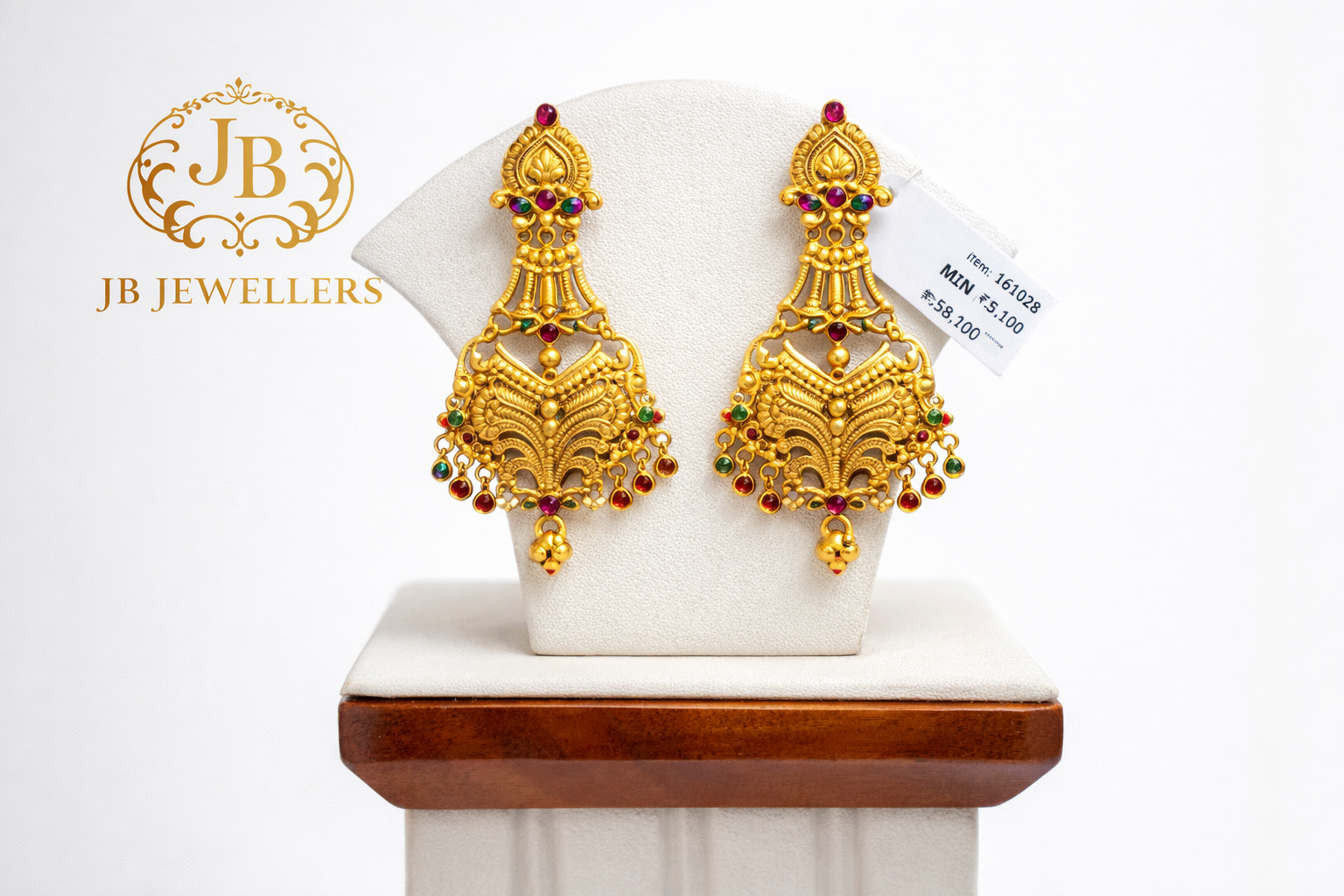 Traditional 18K Gold Temple Design Drop Earrings with Ruby & Green Stone Accents
