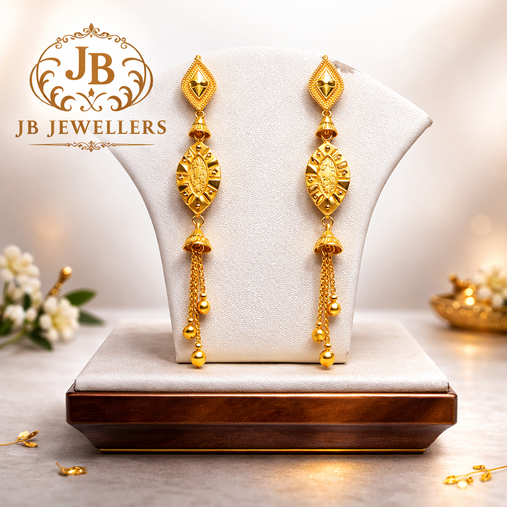 18K Gold Oval Motif Long Tassel Earrings