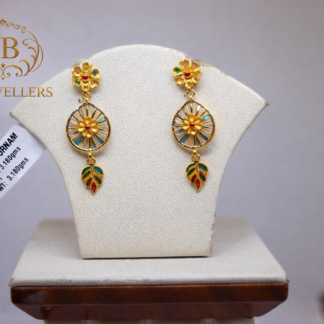 22KT Gold Floral Drop Earrings with Enamel Detailing