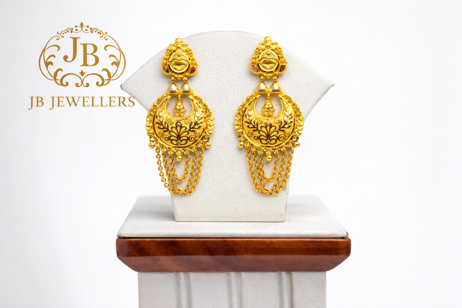 Classic 18K Gold Ornate Drop Earrings with Traditional Chain Tassels
