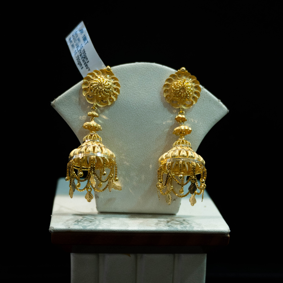 18KT Gold Designer Jhumka Earrings with Leaf Dangle Design