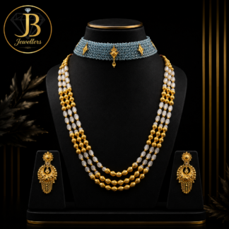 Traditional Gold & Pearl Multi-Layer Necklace Set with Designer Choker and Earrings | Bridal Wedding Jewellery