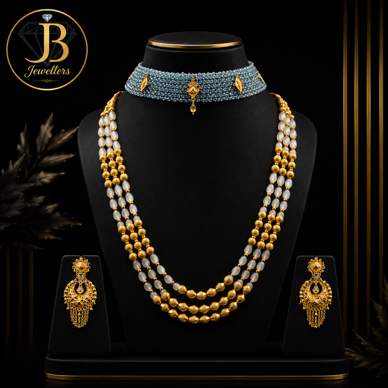 Traditional Gold & Pearl Multi-Layer Necklace Set with Designer Choker and Earrings | Bridal Wedding Jewellery