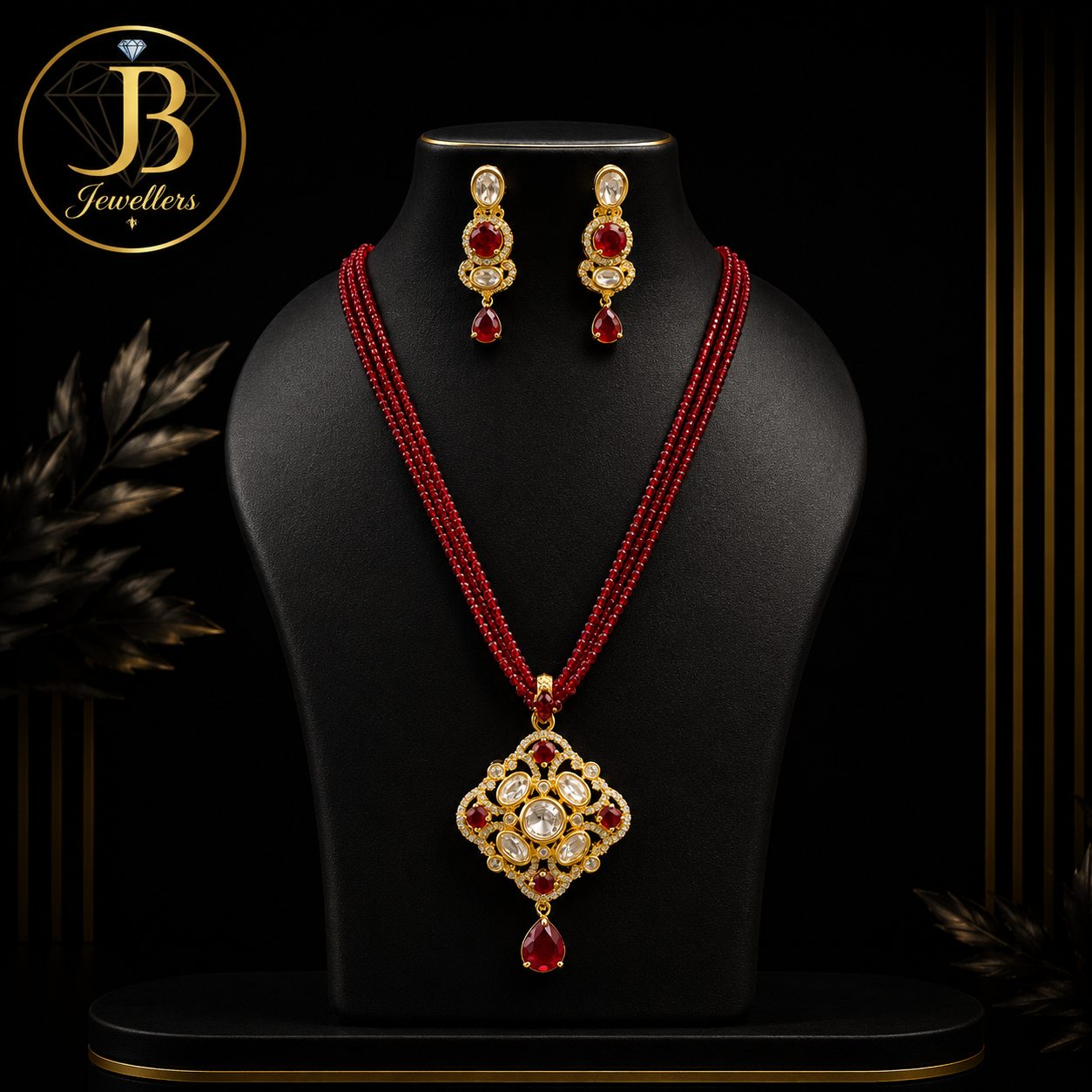 Traditional Ruby Stone Pendant Necklace Set with Matching Earrings | Premium Bridal & Party Wear Jewellery