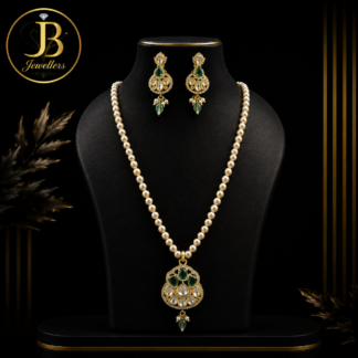 Elegant Pearl Necklace Set with Green Stone Pendant & Matching Earrings | Traditional Bridal Jewellery