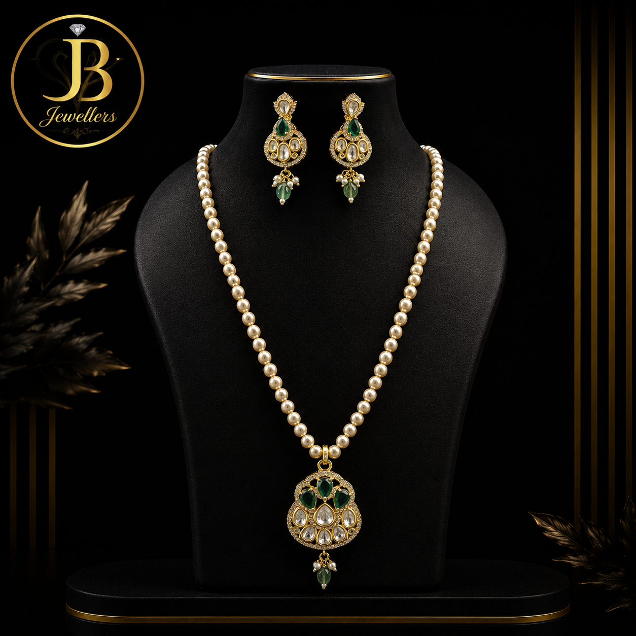 Elegant Pearl Necklace Set with Green Stone Pendant & Matching Earrings | Traditional Bridal Jewellery