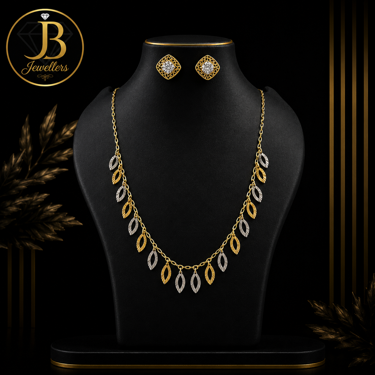 Elegant Two-Tone Gold Leaf Necklace Set with Matching Stud Earrings | Lightweight Designer Jewellery