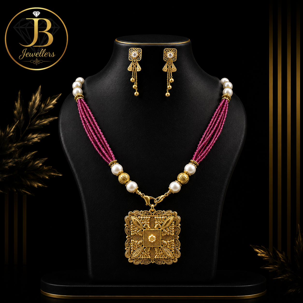 Traditional Pink Beaded Gold Pendant Necklace Set with Pearl Accents & Matching Earrings | Premium Bridal Jewellery