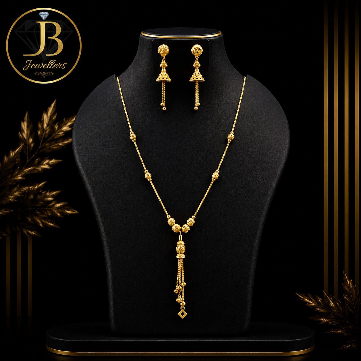 Elegant Gold Long Pendant Necklace Set with Matching Drop Earrings | Lightweight Daily Wear Jewellery