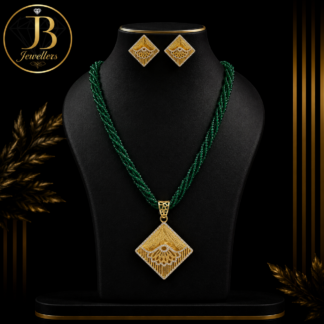 Premium Green Beaded Necklace Set with Designer Gold Pendant & Matching Earrings | Traditional Ethnic Jewellery